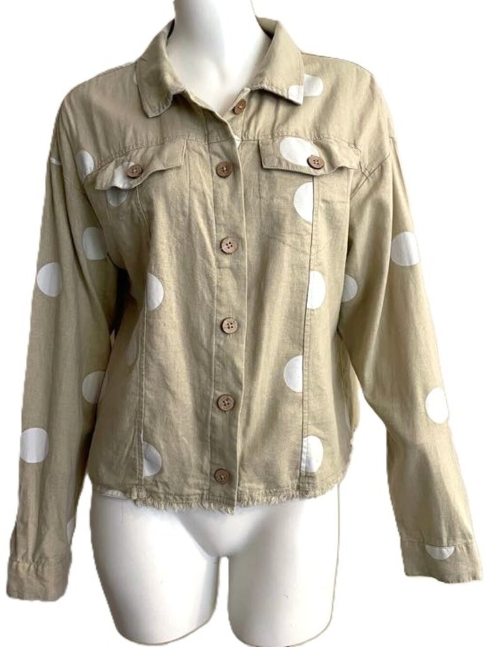 Charlie B Jacket Linen Blend Raw Frayed Edge Small Tan White Polka Dot Pockets